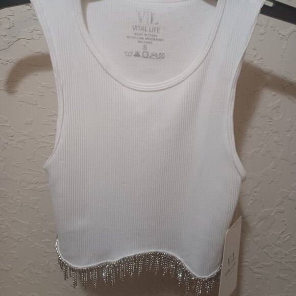 Vital Life Women’s Small White Activewear Top w/ Rhinestone Tassel Bling NWT - Picture 2 of 14